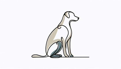 A minimalist, stylized, and sleek dog sitting with its tail wrapped neatly around its paws, represented in a color continuous elegant line drawing