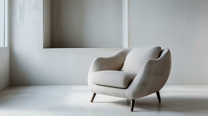 A high-definition image of a contemporary armchair against a spotless white wall, embodying the elegance of a modern minimalist interior.