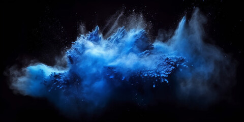 a blue splash painting on black background, blue powder dust paint blue explosion explode burst isolated splatter abstract. blue smoke or fog particles explosive special effect