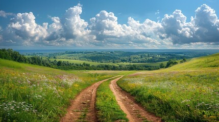 Fototapeta na wymiar Panoramic landscape of central Russia agricultural countryside with hills and country road. Summer landscape of the Samara valleys.