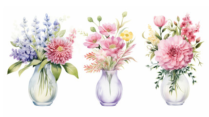 Set of 3 Cute Boho Watercolor Decorative Vase with Colorful Flowers, Spring and Summer Floral. Botanical Plant Illustration. Hand Drawn Flower Collection Clip Art. - obrazy, fototapety, plakaty