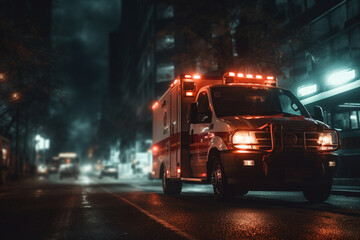 Ambulance circulating the streets at night, close-up, long exposure