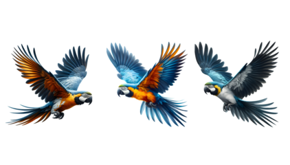 three Macau birds flying on a transparent background. icon set