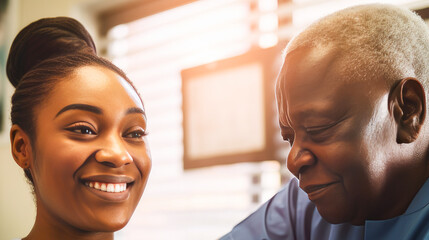 An elderly old patient, a dark-skinned African-American woman, at an appointment with a doctor in a modern bright medical ward of a hospital with modern equipment, new technologies.