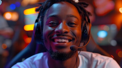 Engaging Tech Support Agent with a Winning Smile in Neon-Lit Office"
