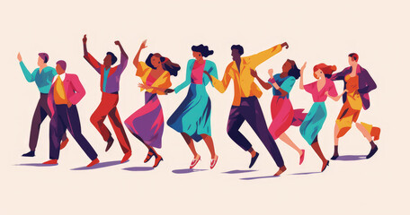 happy people dance to music while listening to it with headphones and earphones. Set of diverse modern man and woman dancing from joy and fun. Flat vector illustration isolated on white background