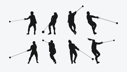 Vector set of silhouettes of hammer throw. sport, athletics. Isolated on white background.