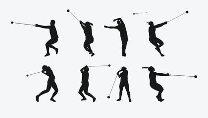 Vector set of silhouettes of hammer throw. sport, athletics. Isolated on white background.