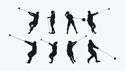 Naklejka premium Vector set of silhouettes of hammer throw. sport, athletics. Isolated on white background.