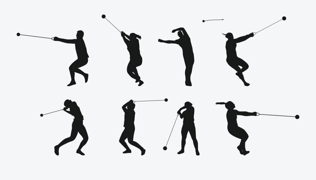 Vector set of silhouettes of hammer throw. sport, athletics. Isolated on white background.