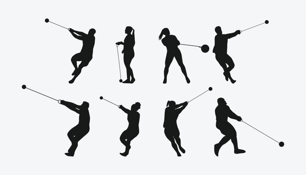 Vector set of silhouettes of hammer throw. sport, athletics. Isolated on white background.
