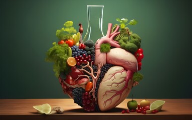Glass jars in halves with vegetables, fruits and internal organs, 3d illustration healthy food concept