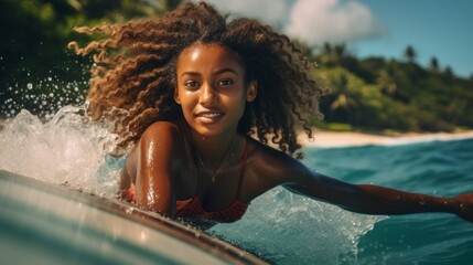 Close-up of a young confident smiling African American female surfer riding a wave, getting ready to stand on a surfboard in the sea. Hobbies and Recreation, Summer, Travel, Sports, Vacation concepts. - obrazy, fototapety, plakaty