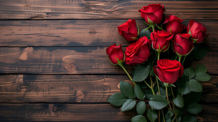 Naklejka na ściany i meble Red Rose Flowers Bouquet on Wooden Background, Valentine's Day Romance and Love Concept - Generative AI