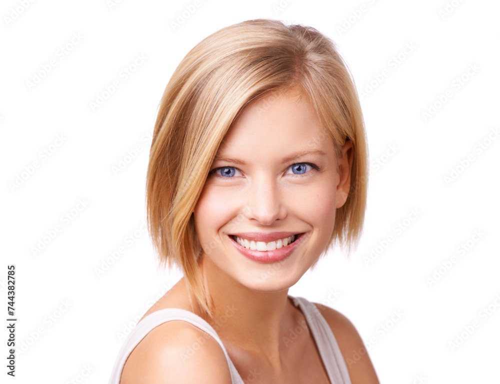 Poster Portrait, skincare and smile with blue eyes woman in studio isolated on white background for self care. Face, beauty and satisfied with happy young person at salon for cosmetics or dermatology