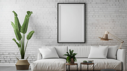 A blank vertical frame positioned on a stone white brick wall, showcasing a perfect balance of modern and boho aesthetics, creating a visually pleasing and unique home decor element. - obrazy, fototapety, plakaty