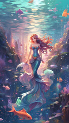 Mermaid Beauty Swimming Among Jellyfish in Underwater Fantasy - obrazy, fototapety, plakaty