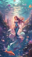 Fotobehang Mermaid Beauty Swimming Among Jellyfish in Underwater Fantasy © Gohgah