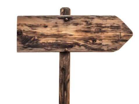 Old wooden sign showing the way transparent background
