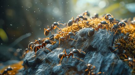 Close-Up Group of Ants Standing on Top of a Rock, Insect Macro Photography of Ant Colony - Generative AI


