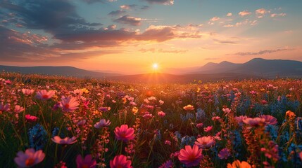Magic pink rhododendron flowers on summer mountain, Sunset over vast blossoming meadow landscape