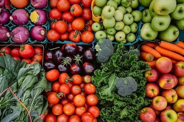 Cajas de frutas y verduras frescas y coloridas, perfectas para representar una alimentación...