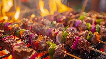 Brochetas de carne y verduras a la parrilla con fuego alto, perfectas para comidas al aire libre y barbacoas