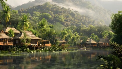 Fototapeta premium Village house by the river, with fantasy style, painting style, generated by AI