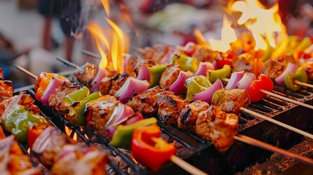 Vibrantes brochetas de carne y verduras cocinándose sobre una parrilla ardiente, ideal para gastronomía al aire libre