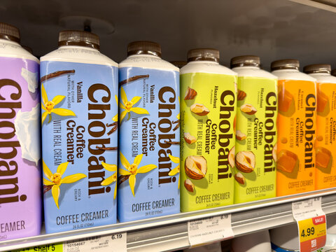 Bottles of new Chobani natural coffee creamers in three flavors seen inside local grocery store. Seen on Feb 22, 2024 in Los Angles, CA. 
