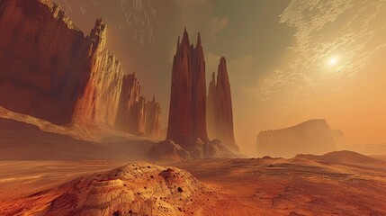 A surreal panorama of a Martian landscape, with towering red rock formations and a dusty sky illuminated by the distant sun. - obrazy, fototapety, plakaty
