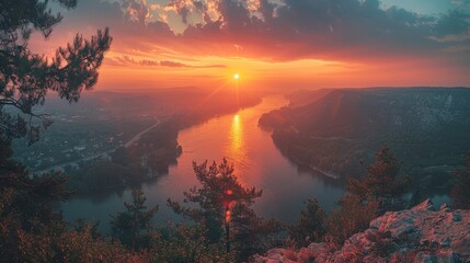 Sunset over the lake. Amazing panorama landscape, Panoramic view of sunrise over the lake in nation park - obrazy, fototapety, plakaty
