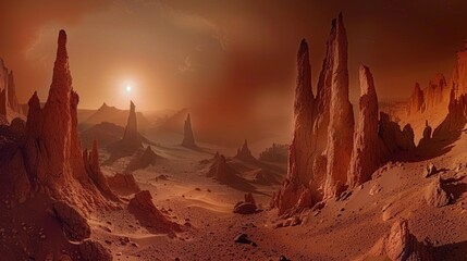 A surreal panorama of a Martian landscape, with towering red rock formations and a dusty sky illuminated by the distant sun.