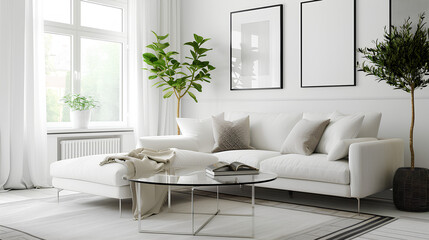 Fototapeta na wymiar A bright and inviting white living room with a stylish sofa, a glass coffee table, and strategically placed mockup pictures, adding an artistic touch to the space.