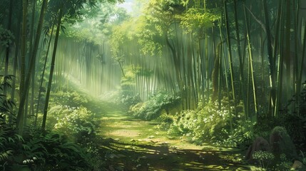 A tranquil bamboo grove with sunlight filtering through the dense foliage, casting shadows on the peaceful forest floor. - obrazy, fototapety, plakaty