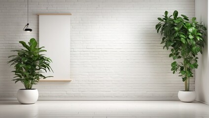 a room with a brick wall and two planters
