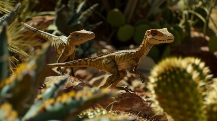 A pack of small but agile Compsognathus dart between cacti using their keen eyesight to spot potential food sources.