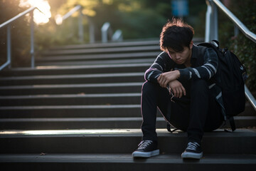 An upset Asian teenage boy student sits on a stairway at the campus with a backpack beside him. He appears deep in thought, likely dealing with the issue of cyberbullying - obrazy, fototapety, plakaty