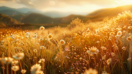 A tranquil meadow bathed in golden sunlight, with wildflowers blooming amidst tall grasses and rolling hills in the distance.