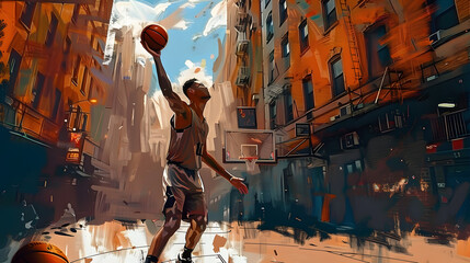 A Man Is Playing Basketball In A City Street With A Ball Basketball Court Realism Digital Painting Generative AI - obrazy, fototapety, plakaty