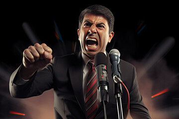 angry hispanic politician shouting into news microphones