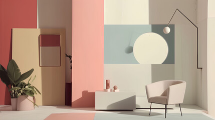 A captivating collage of minimalist interiors, showcasing trendy furniture and decor against color walls, creating a harmonious blend of modern aesthetics.
