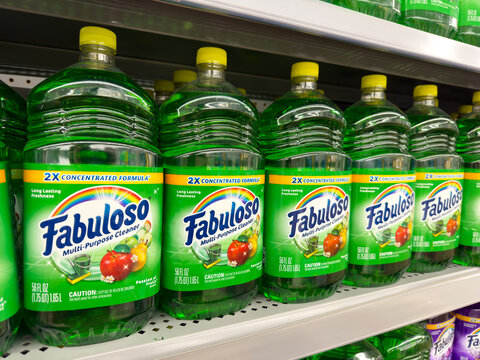 Bottles of Fabuloso multi purpose cleaner liquid on market shelf. Seen on Feb 22, 2024 in Los Angeles, CA.
