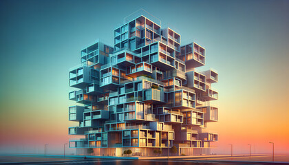 Modern multi-tenant structure with geometric precision and vibrant colors.