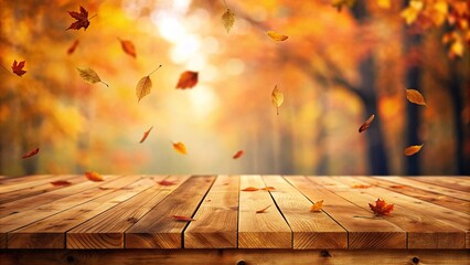 Naklejka na ściany i meble Empty wooden table with autumn background and leaves falling