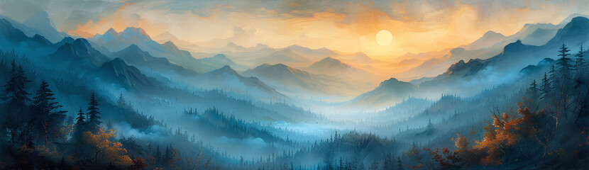 Sunset in the mountain.Majestic sunset in the mountains landscape. Mountains under mist in the...