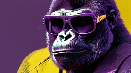 Fabulous big purple boss gorilla with tinted sunglasses on a purple background. Image created with generative ai