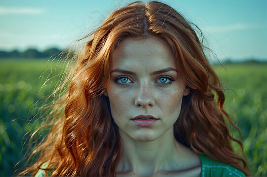 Close Up of a Blue Eyed Woman with Red Flowing Hair in a Green Field Generative AI