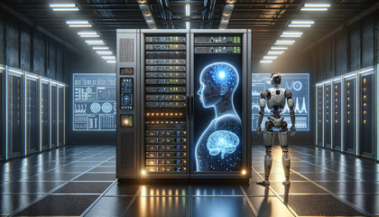 AI Cybersecurity: Advanced server rack and humanoid robot collaboration