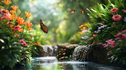 A tranquil virtual garden with blooming flowers and trickling streams, butterflies flitting amidst the verdant foliage. - Powered by Adobe